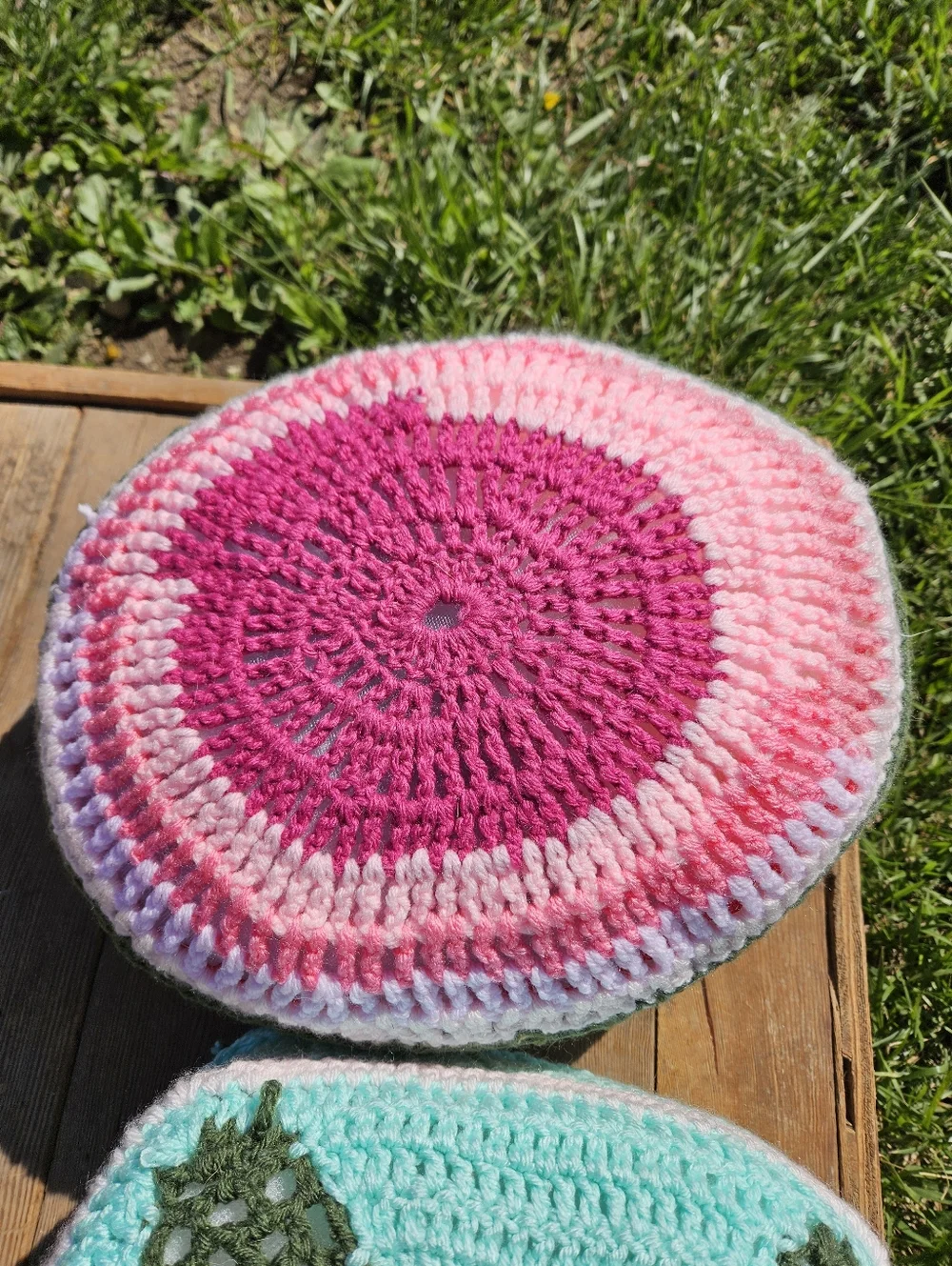Vintage 70s Style Hand Crochet Round Boho Mandala Accent Throw Pillows Set of 2